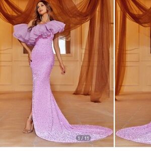SHEIN Lavender One-Shoulder Ruffle Sequin Mermaid Dress